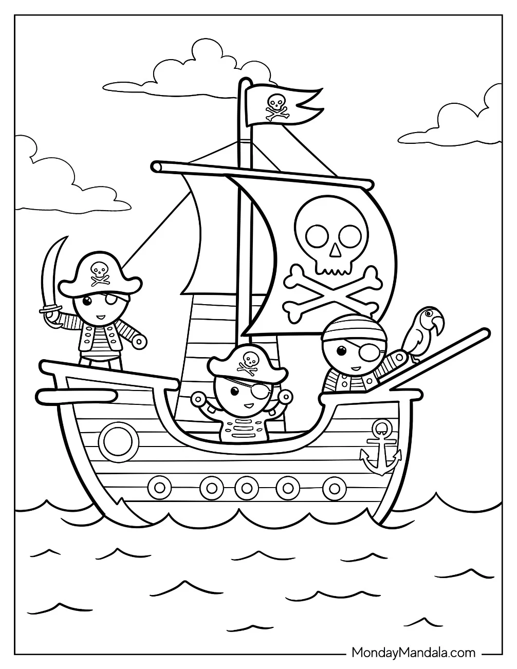 Adorable Chibi Pirates On A Pirate Ship Coloring Page With A Parrot coloring page — printable line art