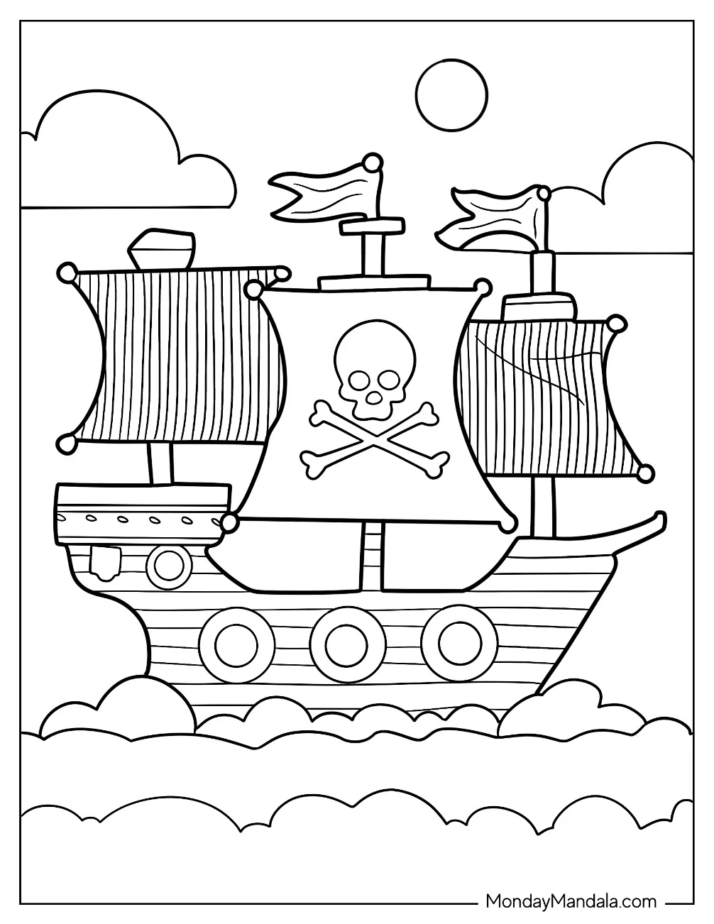 Cute Pirate Ship Coloring Page With Striped Sails At Sea coloring page — printable line art