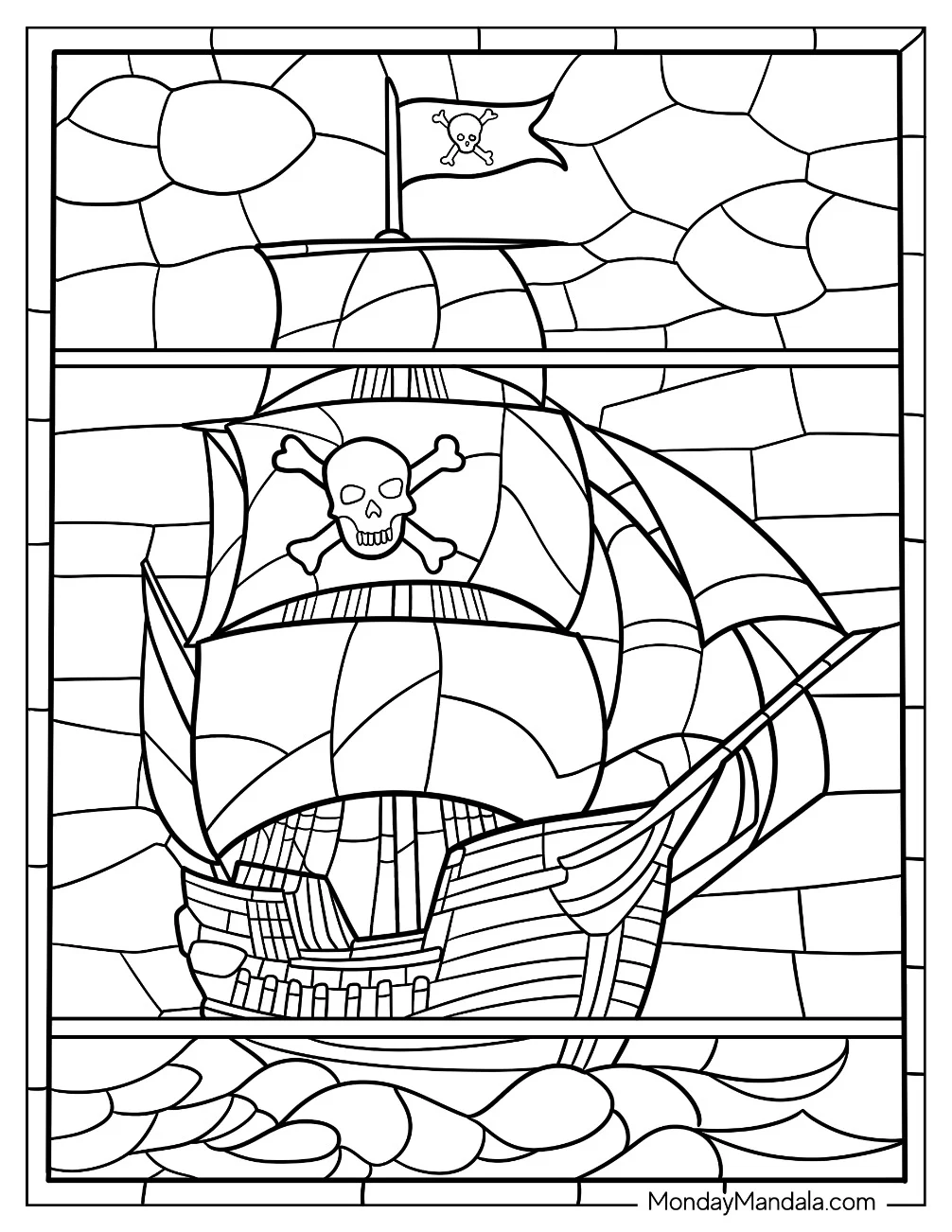 Detailed Pirate Ship Coloring Page Stained Glass coloring page — printable line art