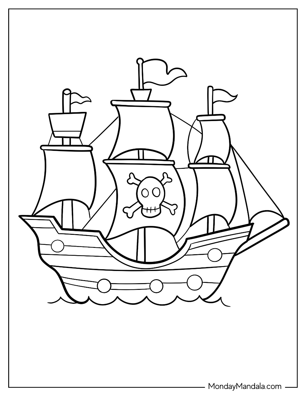 Easy Cute Pirate Ship Coloring Page With Waves For Preschoolers coloring page