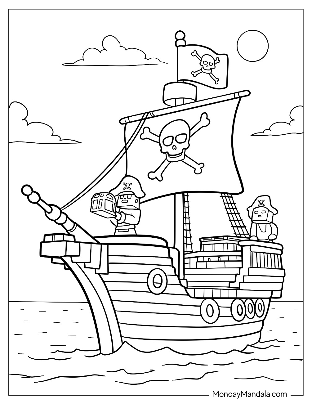 Easy Minecraft Pirate Ship Coloring Page With Two Pirates For Kids coloring page