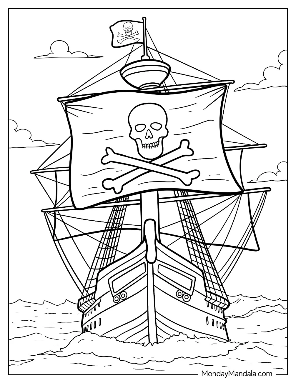 Front View Of A Realistic Pirate Ship Coloring Page coloring page