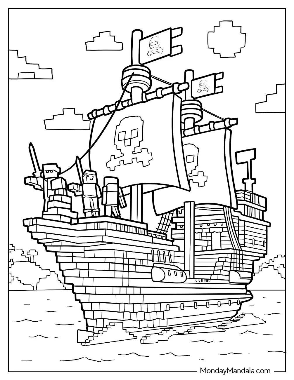 Fun Minecraft Pirate Ship Coloring Page For Kids coloring page — printable line art