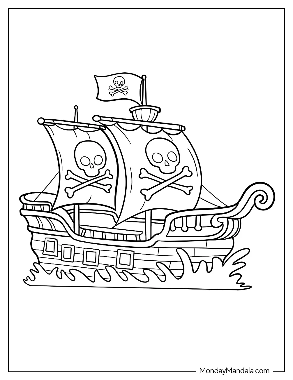 Kawaii Cartoon Pirate Ship Coloring Page For Preschoolers coloring page