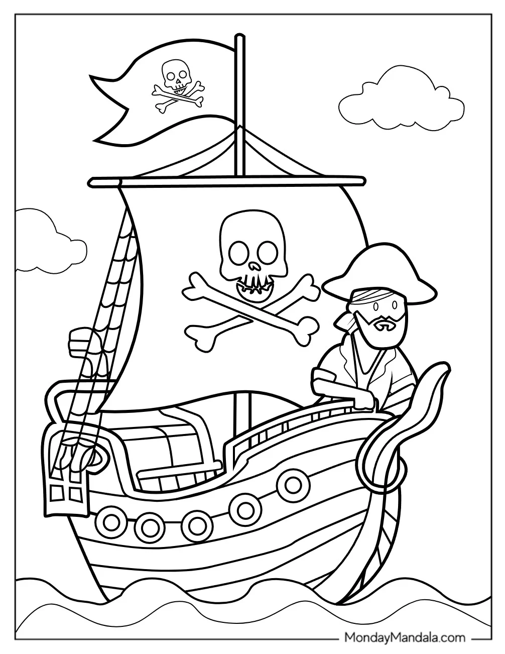 Kawaii Pirate On The Deck Of A Pirate Ship Coloring Page For Kids coloring page