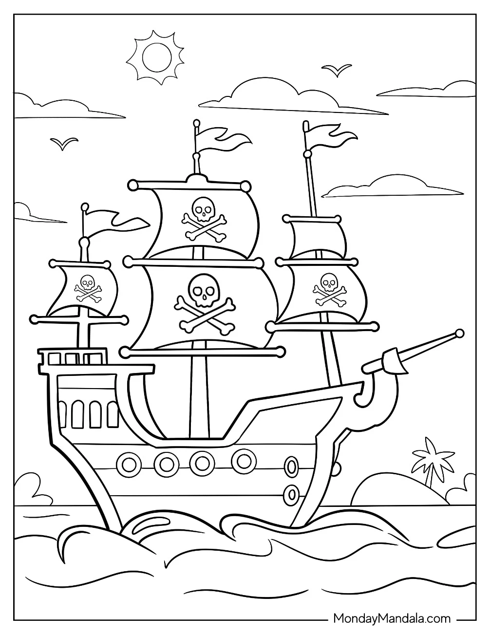 Large Cartoon Pirate Ship Coloring Page Near An Island coloring page