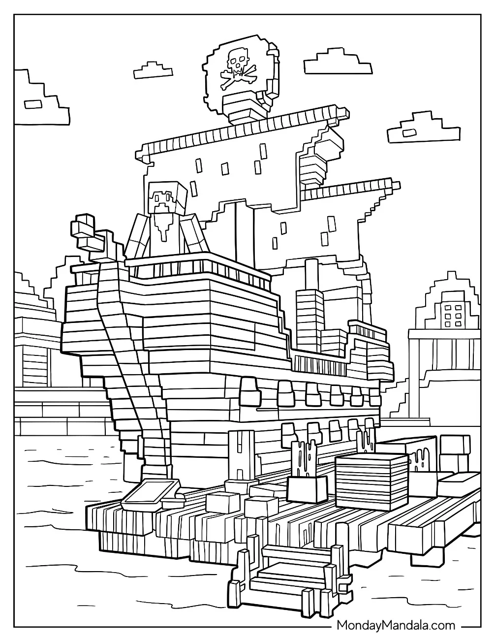 Minecraft Pirate Ship Coloring Page Docked At The Port coloring page