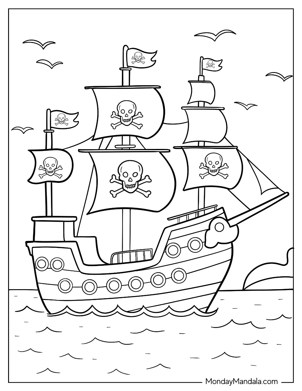 Pirate Ship Coloring Page On A Calm Sea For Kids coloring page