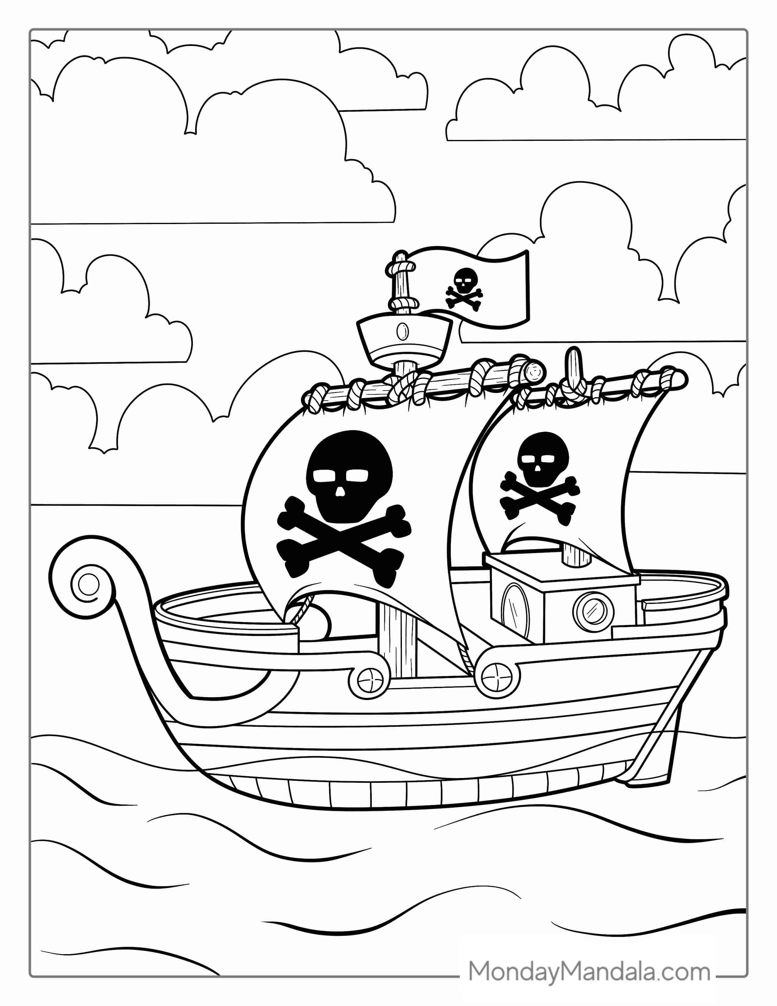 Pirate Ship With Skull And Bones Coloring Page coloring page — printable line art