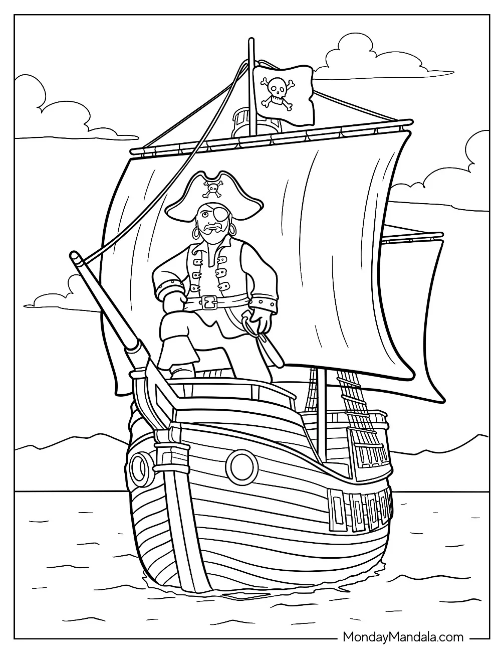Pirate With Eyepatch On The Deck Of A Pirate Ship Coloring Page coloring page — printable line art