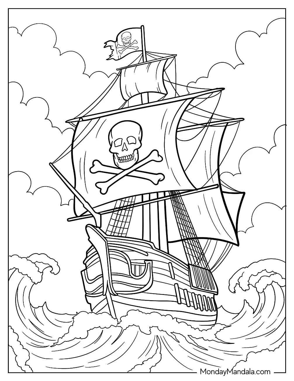 Realistic Pirate Ship Coloring Page With Large Waves At The Side coloring page — printable line art