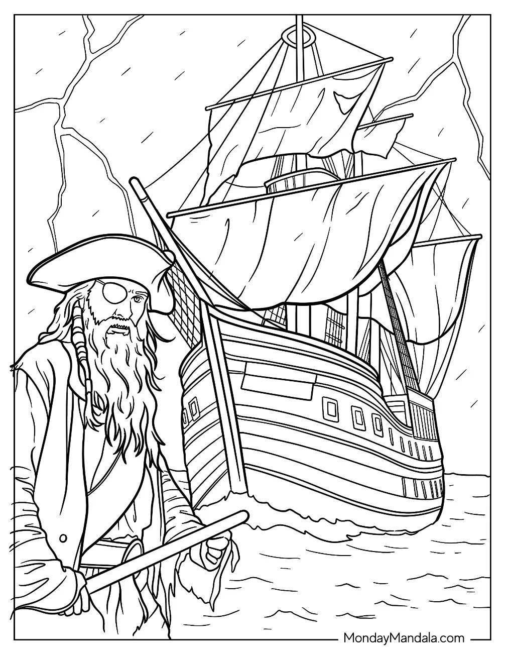 Scary Pirate In Front Of A Sailing Pirate Ship Coloring Page coloring page