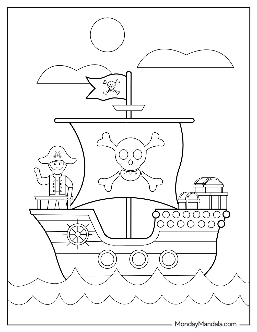 Simple Pirate Ship Coloring Page At Sea With Treasure Chests For Kids coloring page