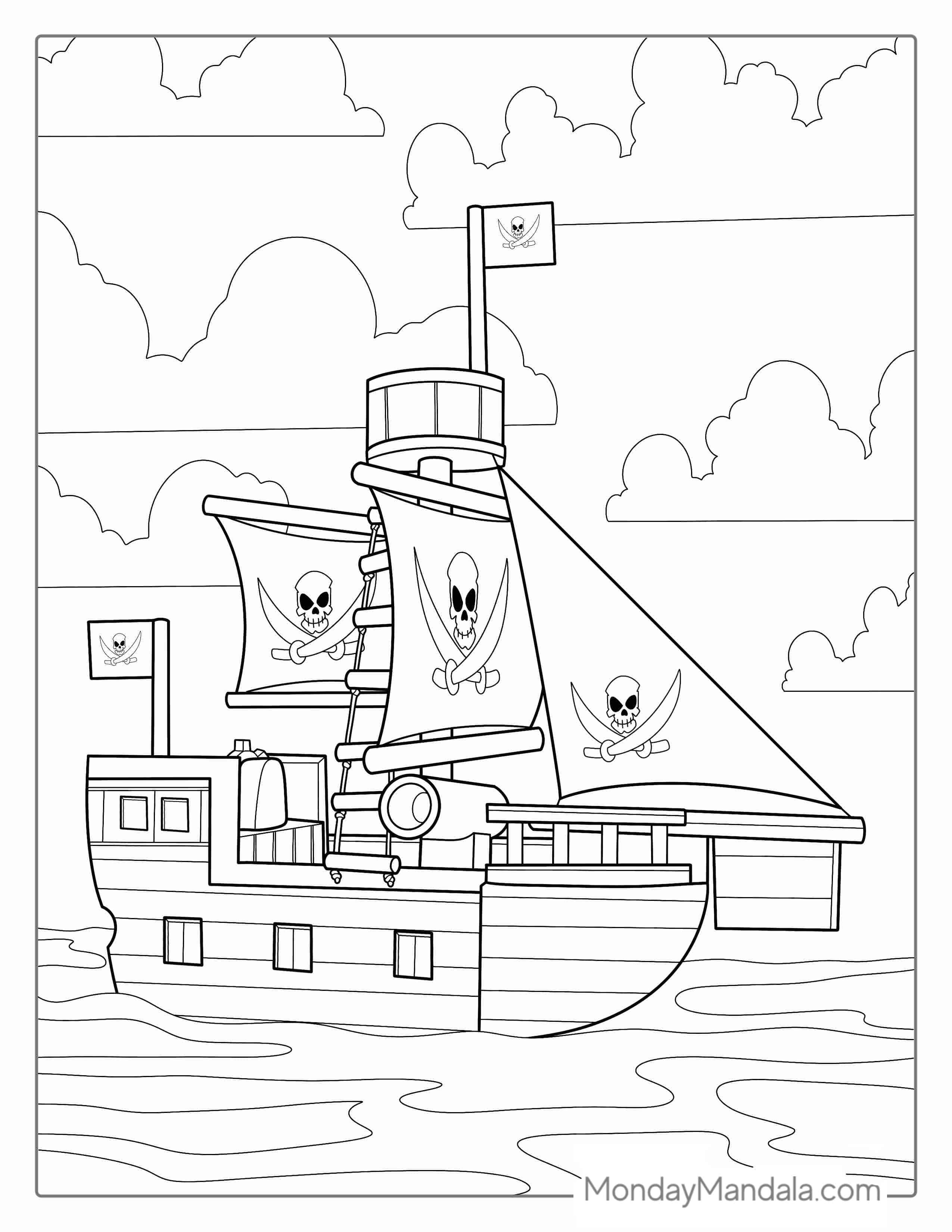 Wooden Pirate Ship With Canon To Color coloring page — printable line art
