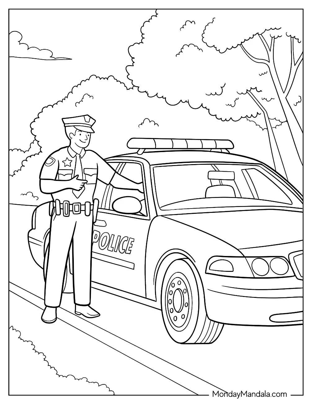 Cartoon Police Officer Next To His Police Car Coloring Page coloring page — printable line art