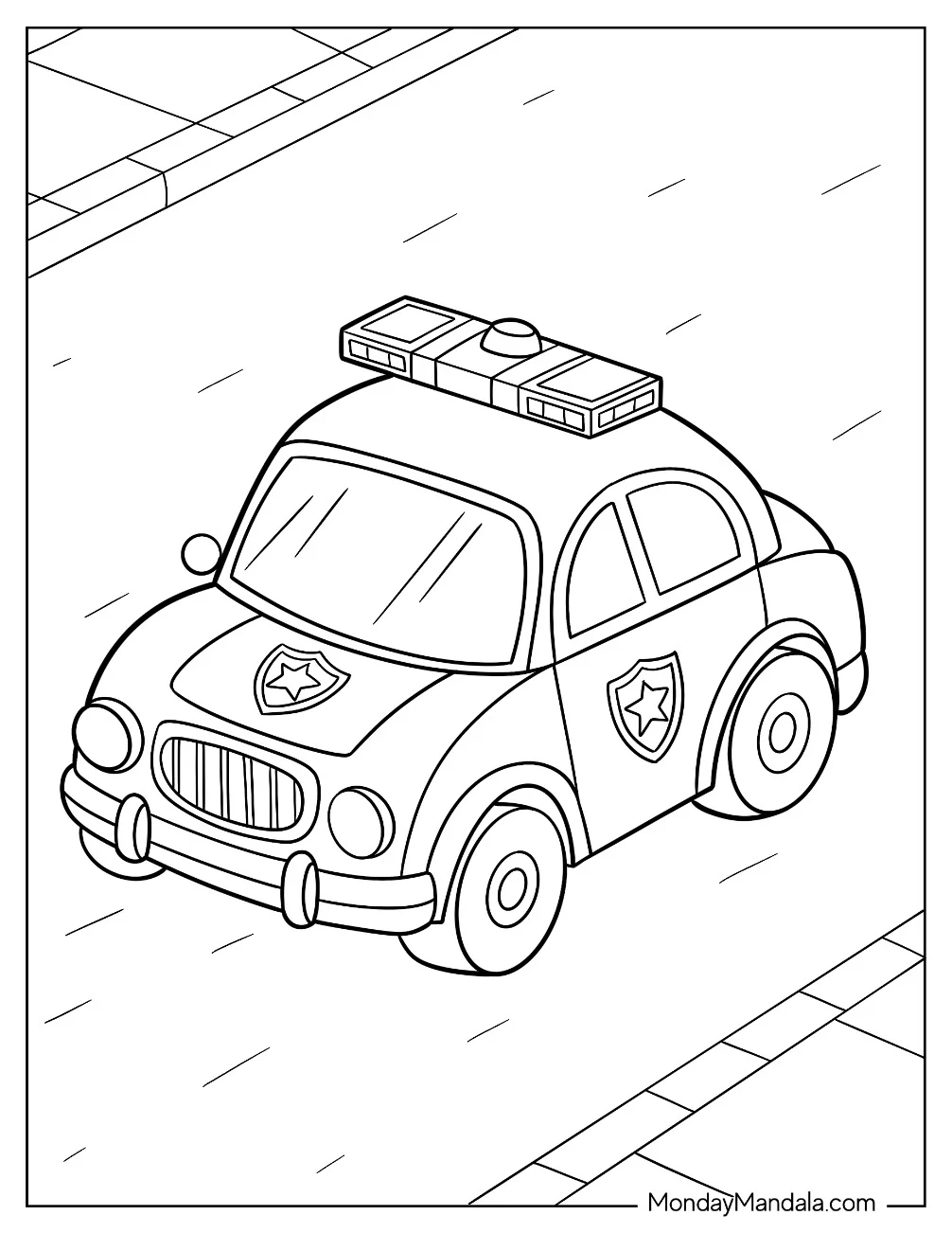 Cute Police Car Coloring Page Speeding On The Road For Kids coloring page