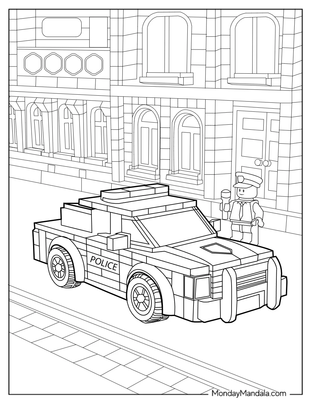 Detailed Lego Police Car Coloring Page Parked In The City coloring page — printable line art