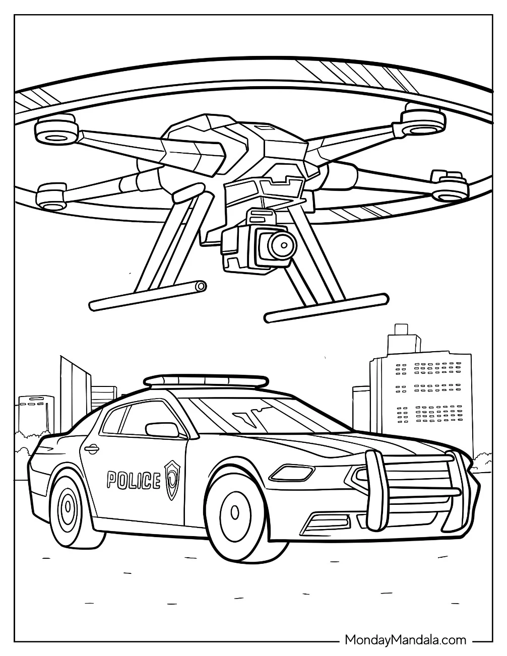Helicopter Hovering Above A Police Car Coloring Page coloring page