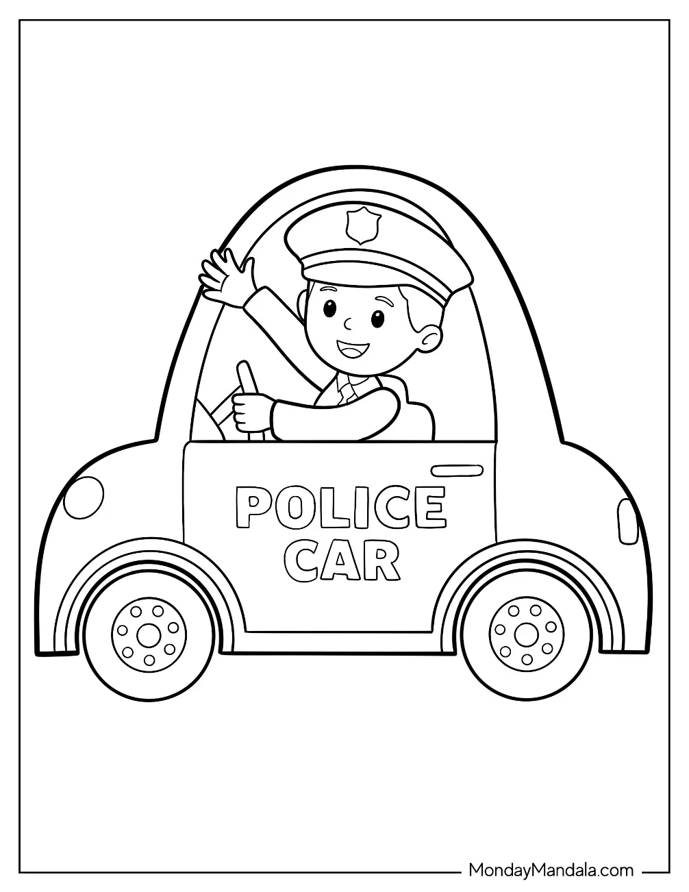Kawaii Police Car Coloring Page With An Officer Inside Waving For Preschoolers coloring page