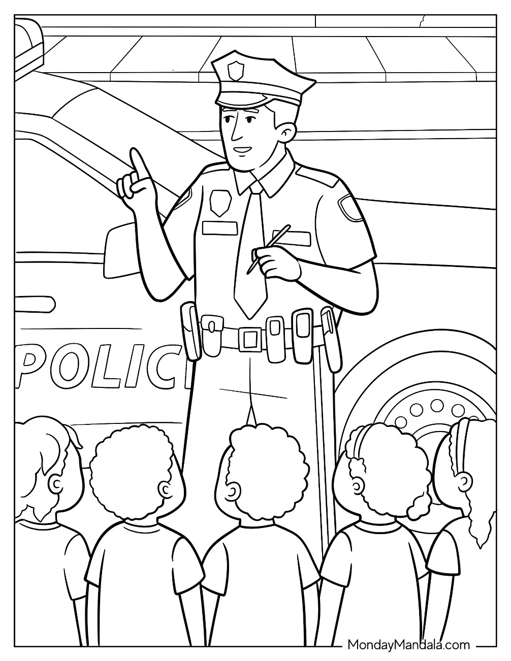 Office Standing Outside Police Car Coloring Page Speaking To Children coloring page — printable line art