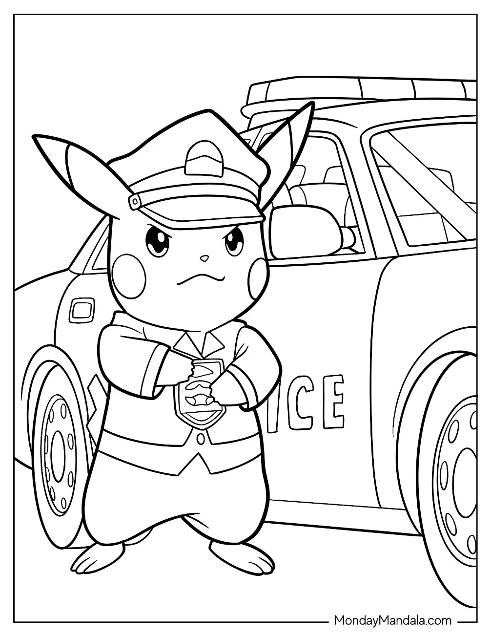 Officer Pikachu Outside Police Car Coloring Page For Kids coloring page — printable line art
