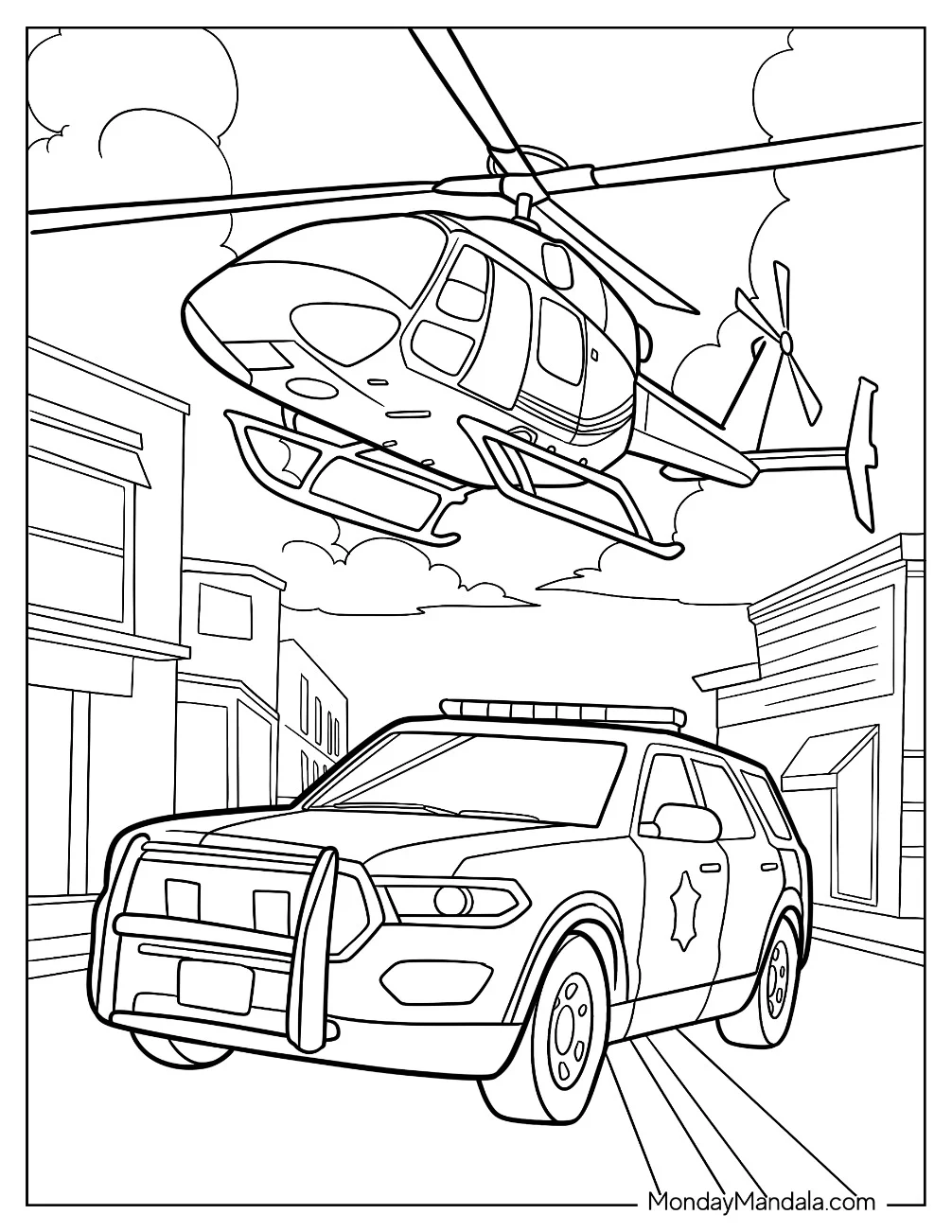 Police Car Coloring Page And Helicopter In The City coloring page — printable line art