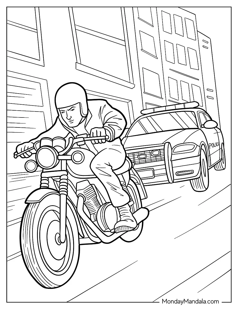 Police Car Coloring Page Chasing A Criminal On A Motorcycle coloring page