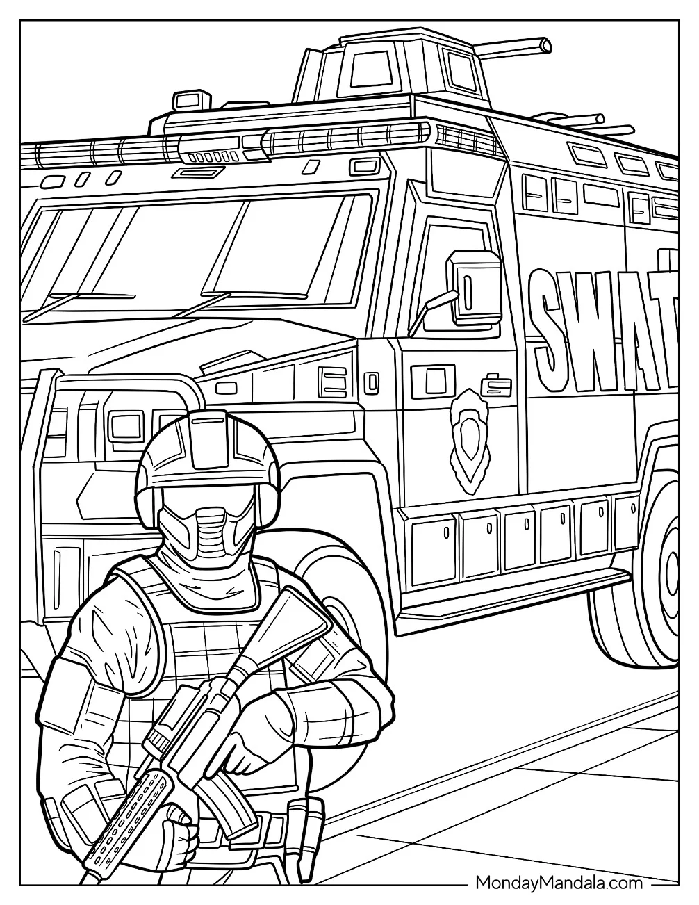Police Car Coloring Page Of Realistic SWAT Vehicle With An Armed Agent Outside coloring page