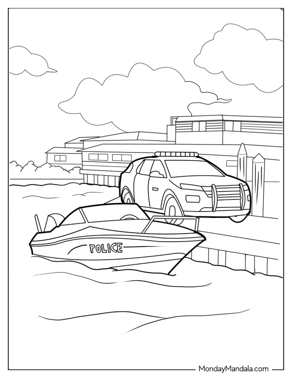 Police Car Coloring Page Parked On A Port Beside A Police Boat coloring page