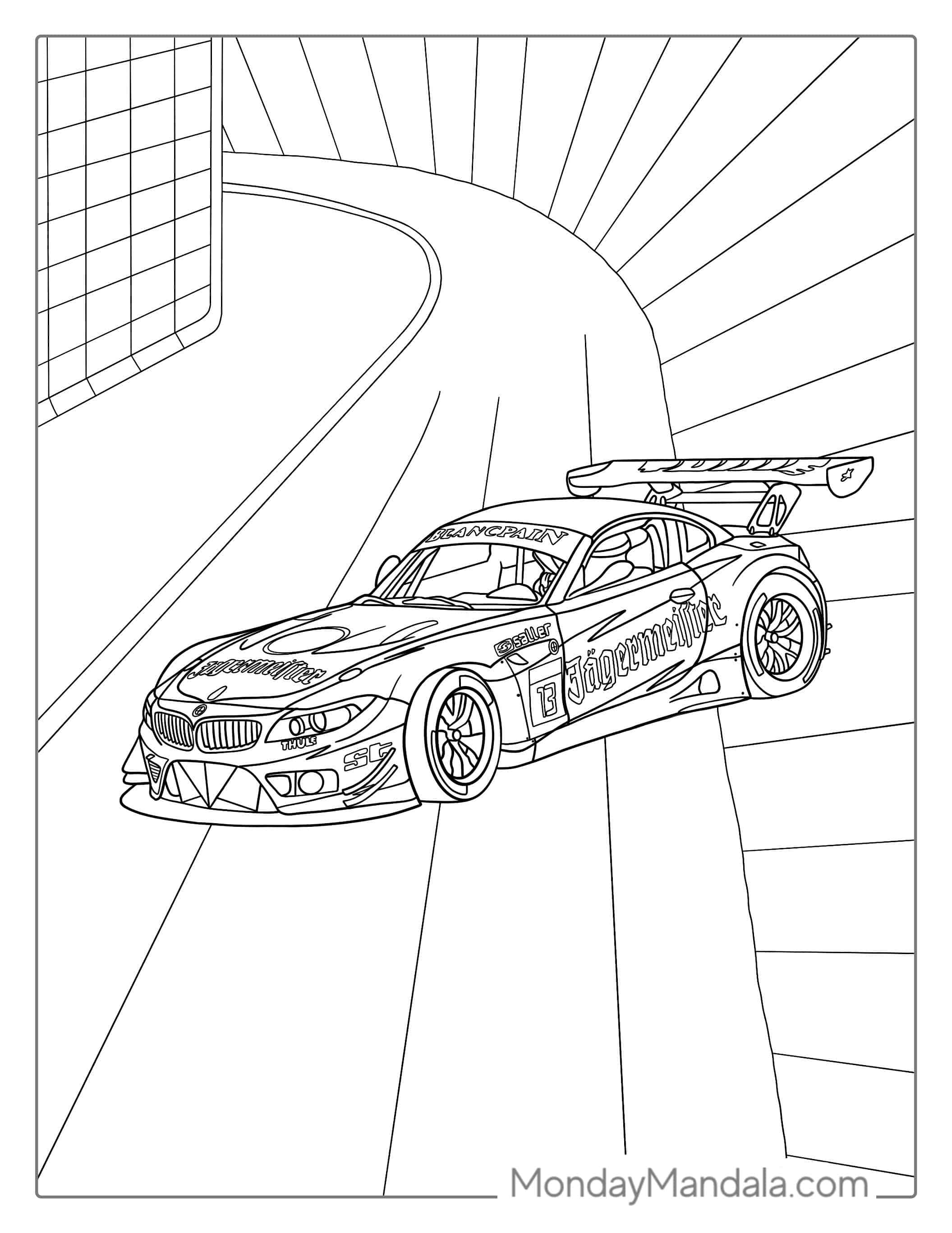 BMW Race Car With Big Spoiler To Color coloring page — printable line art