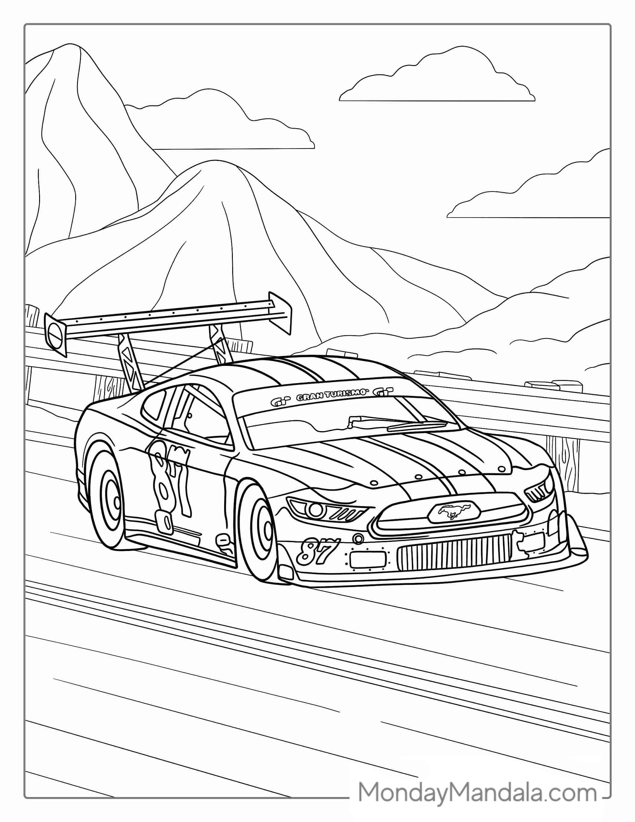 Ford Mustang Race Car With Big Spoiler To Color coloring page