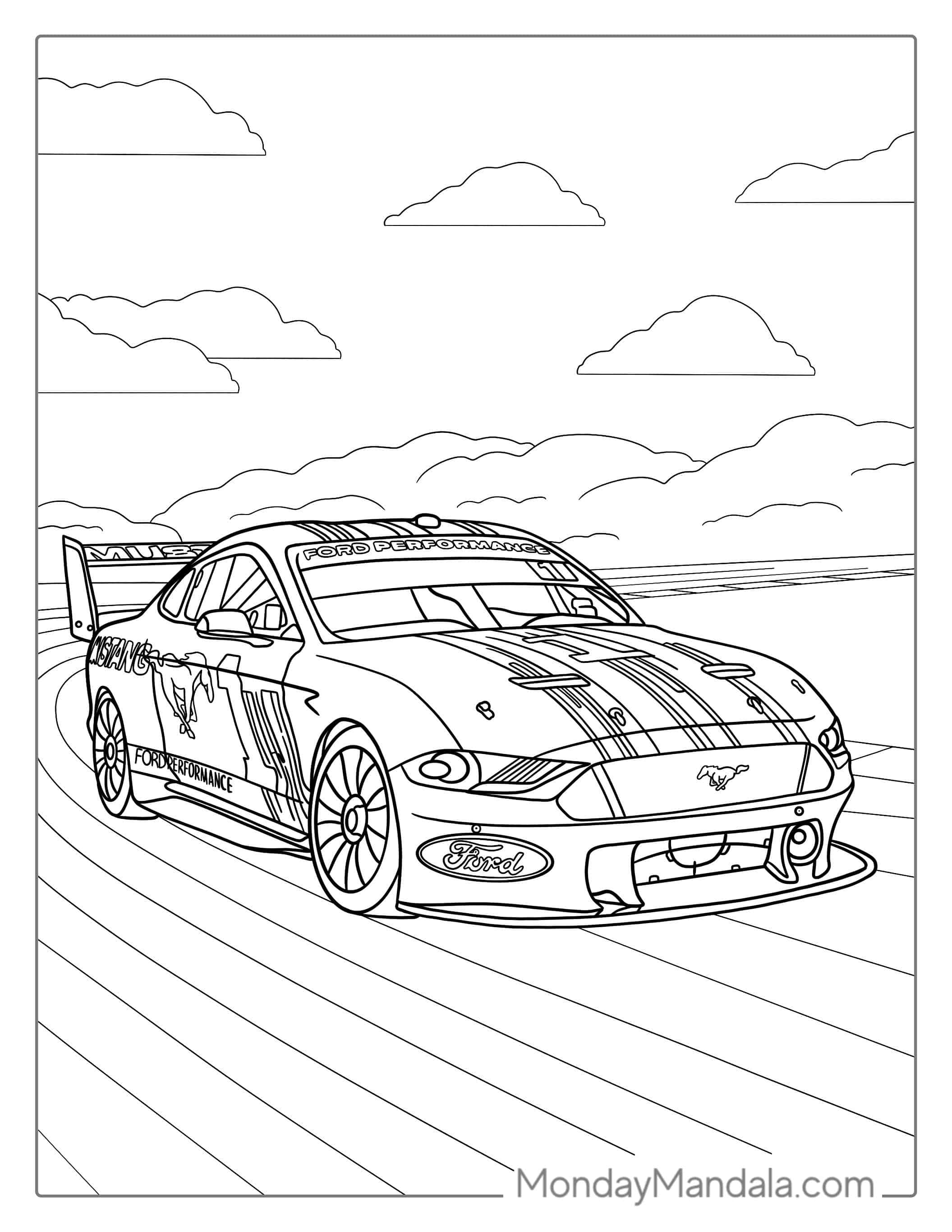 Mustang Race Car On Track To Color coloring page — printable line art
