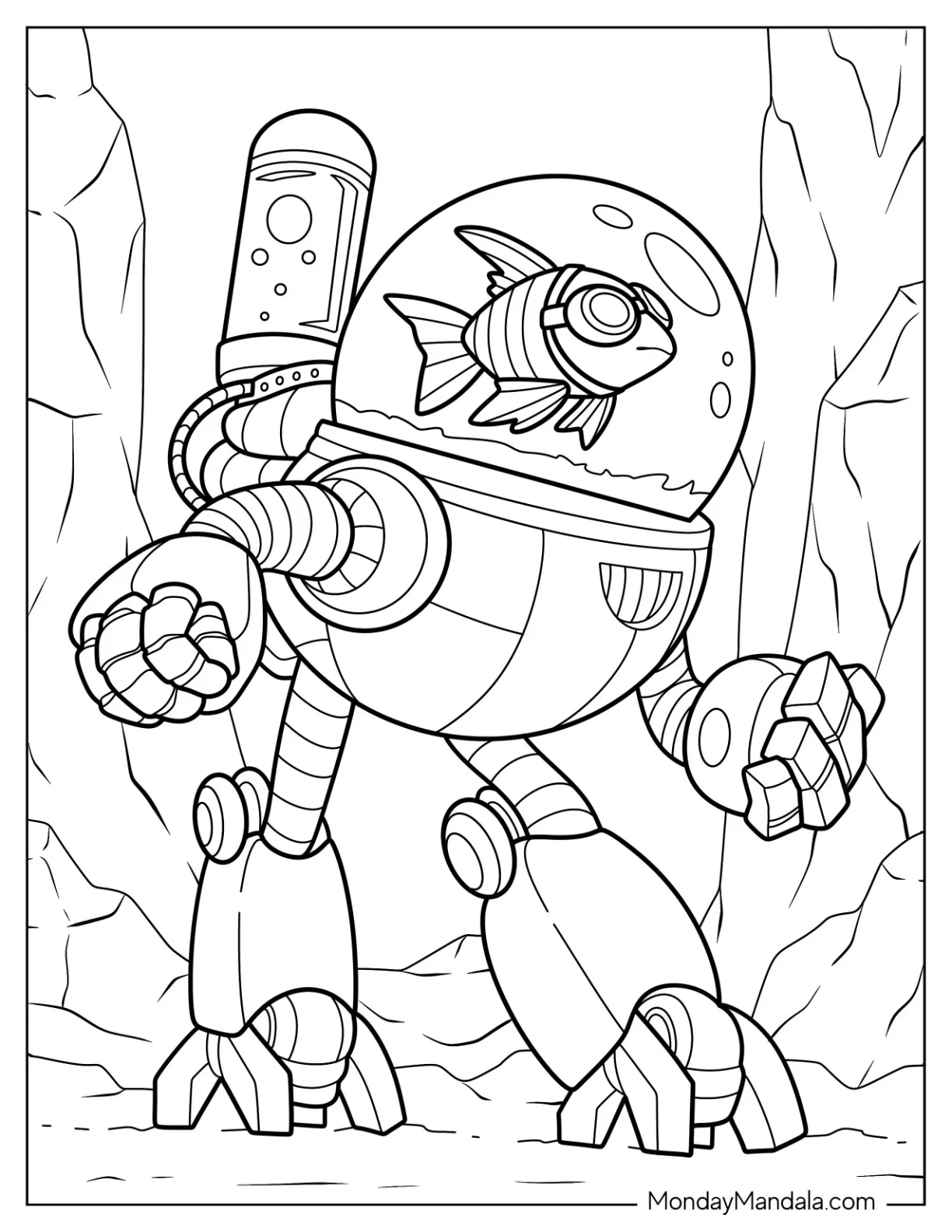 Futuristic Goldfish Tank Robot coloring page