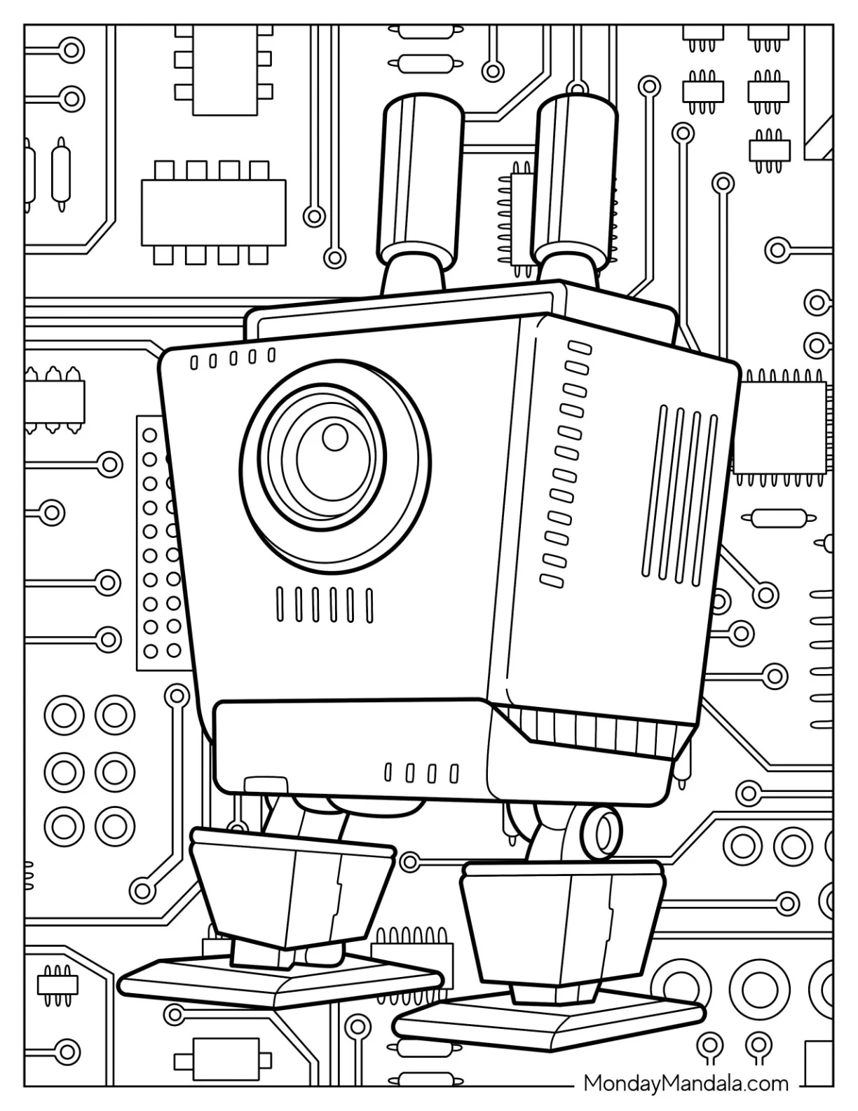 Retro Robot With A Single Lens Coloring Page For Kids coloring page