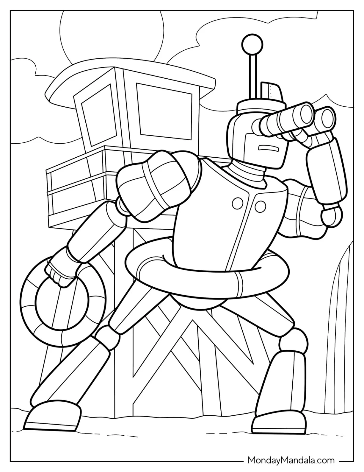 Robot Lifeguard With Binoculars At The Beach coloring page