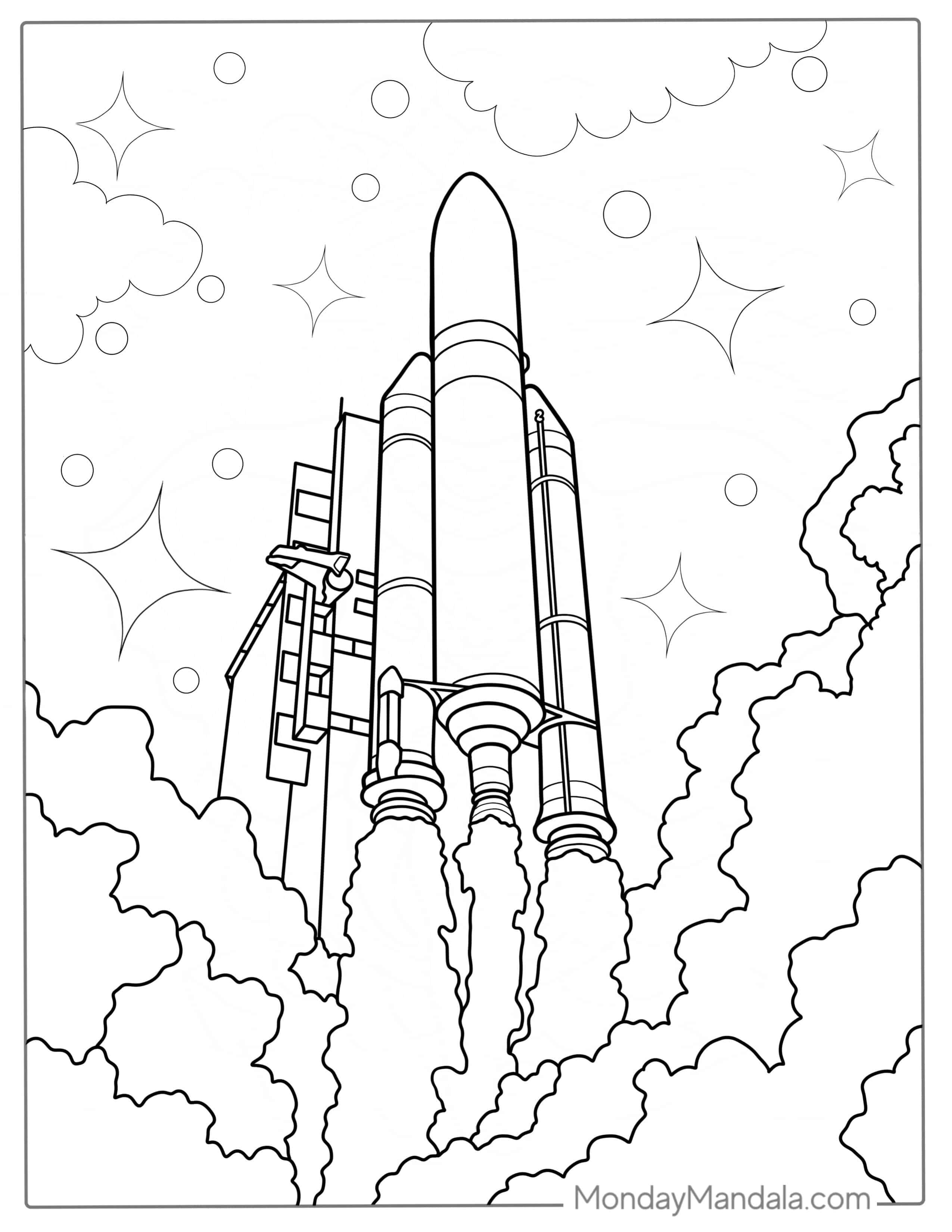 Ariane 5 Rocket Blasting Off Launch Pad coloring page — printable line art