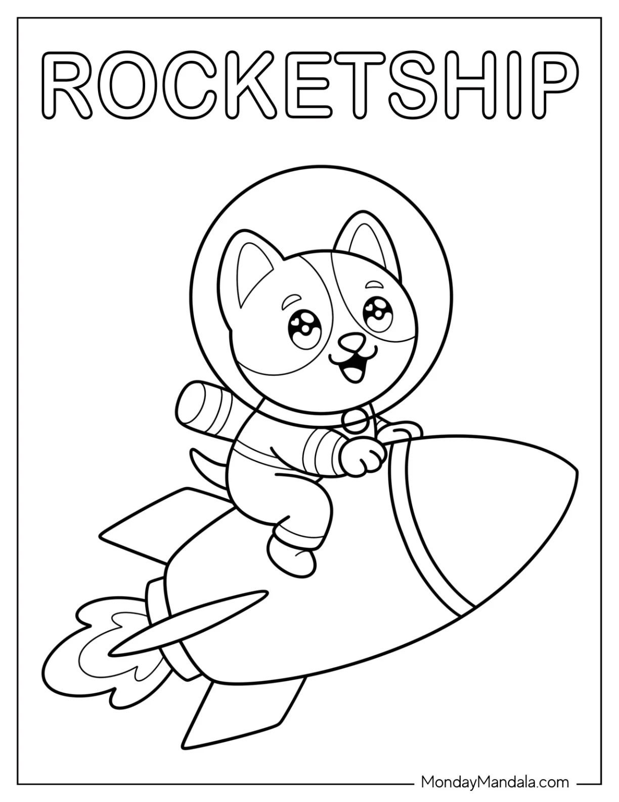 Astronaut Cat Riding a Rocket Coloring Page for Preschoolers coloring page