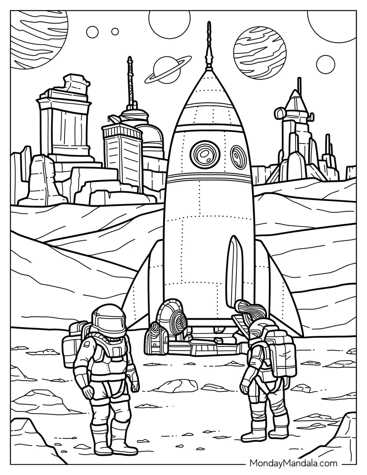 Astronauts Walking around a Rocket Coloring Page in Another Planet coloring page