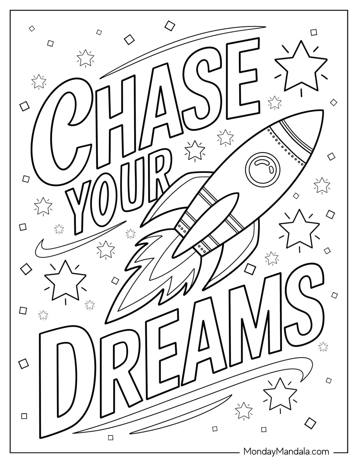 Chase Your Dreams Text with Rocket Coloring Page and Stars coloring page