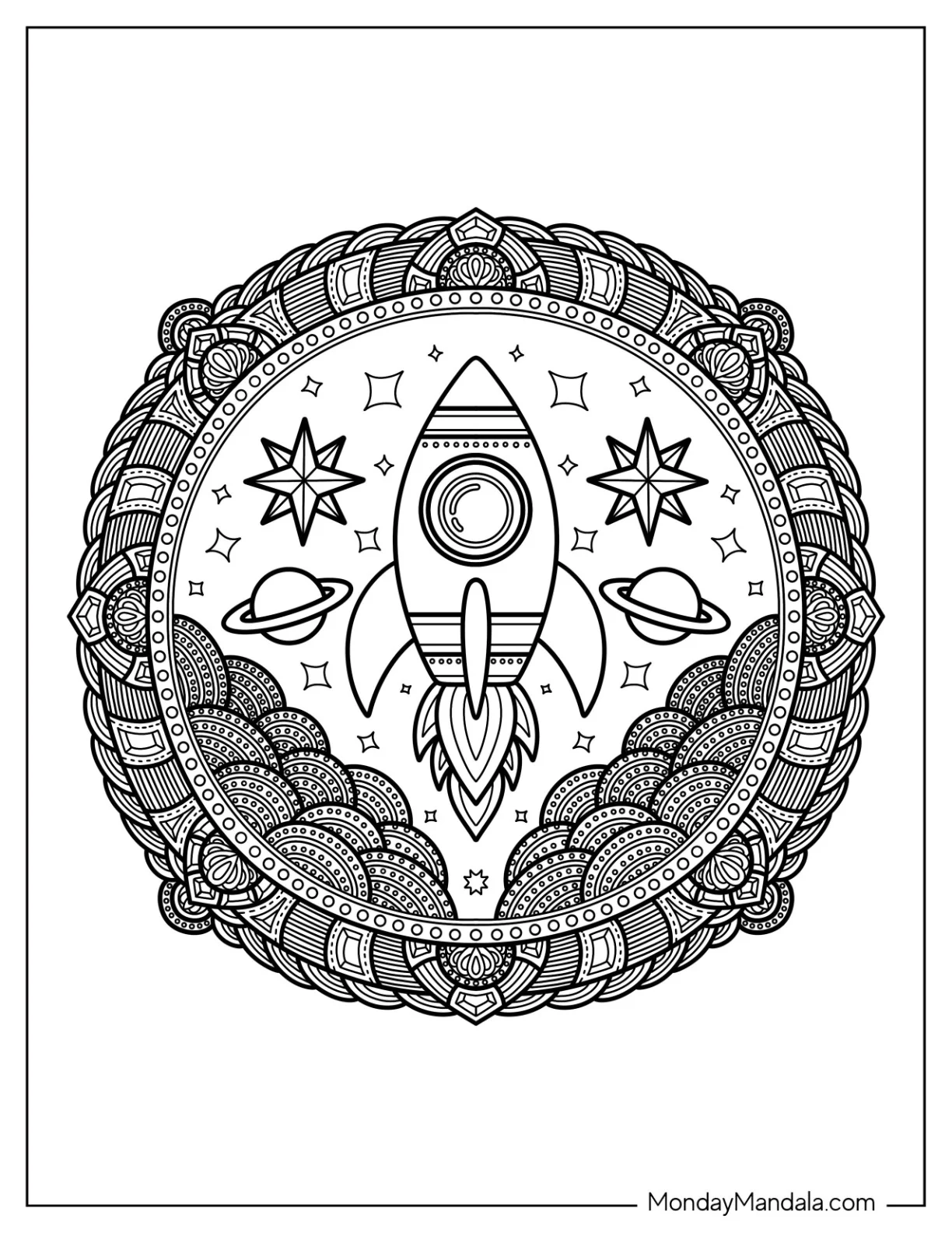 Detailed Rocket Coloring Page Mandala with Clouds and Stars coloring page