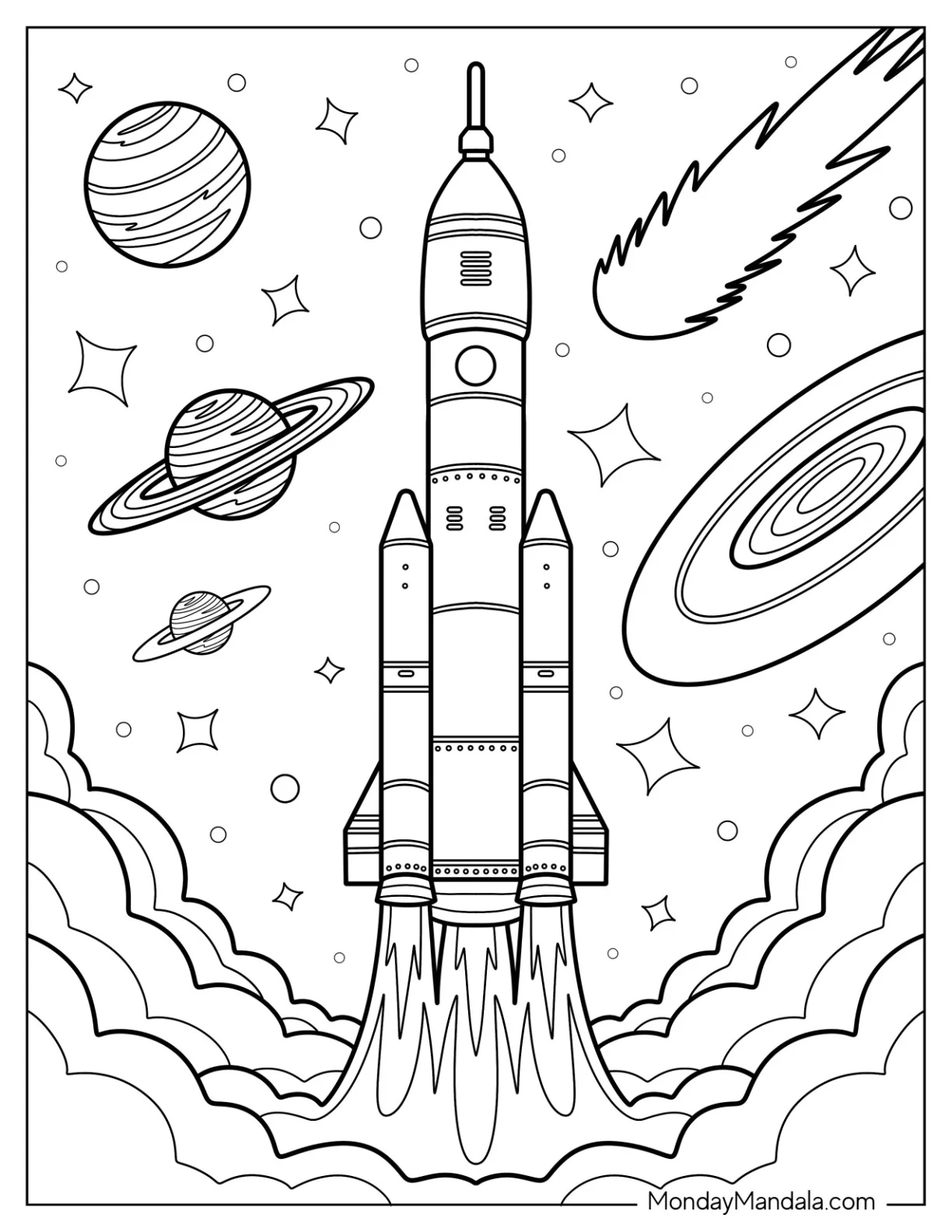 Grand Rocket Coloring Page Blasting Fire and Smoke Going into Outer Space coloring page