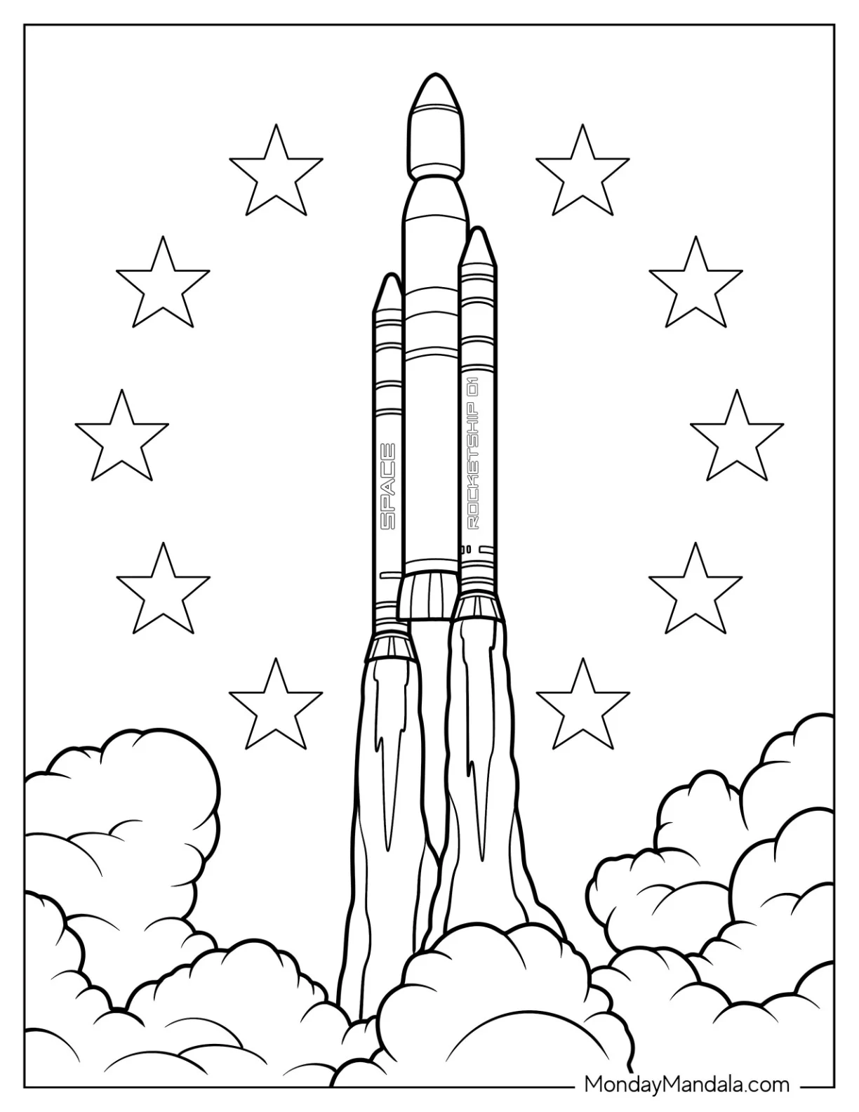 Massive Rocket Coloring Page Launching into Space with Smoke and Stars coloring page — printable line art