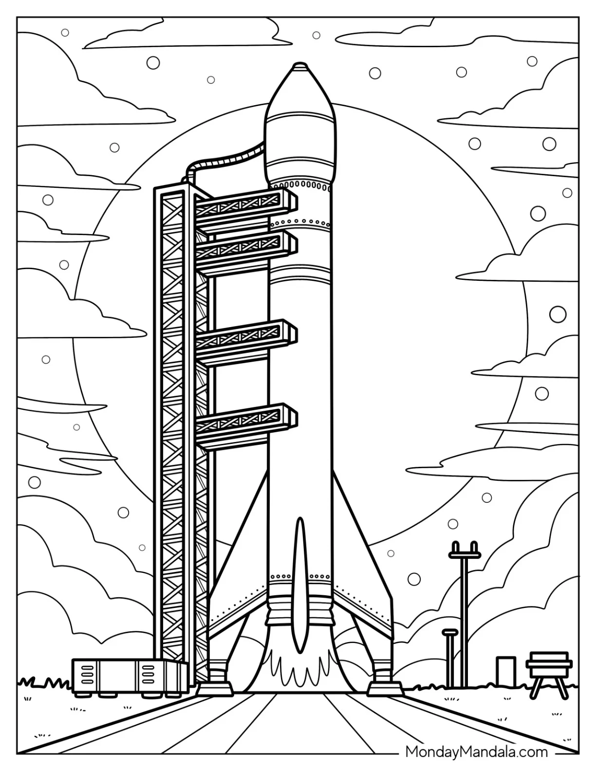 Realistic Rocket Coloring Page About to Launch with Sun in the Background coloring page