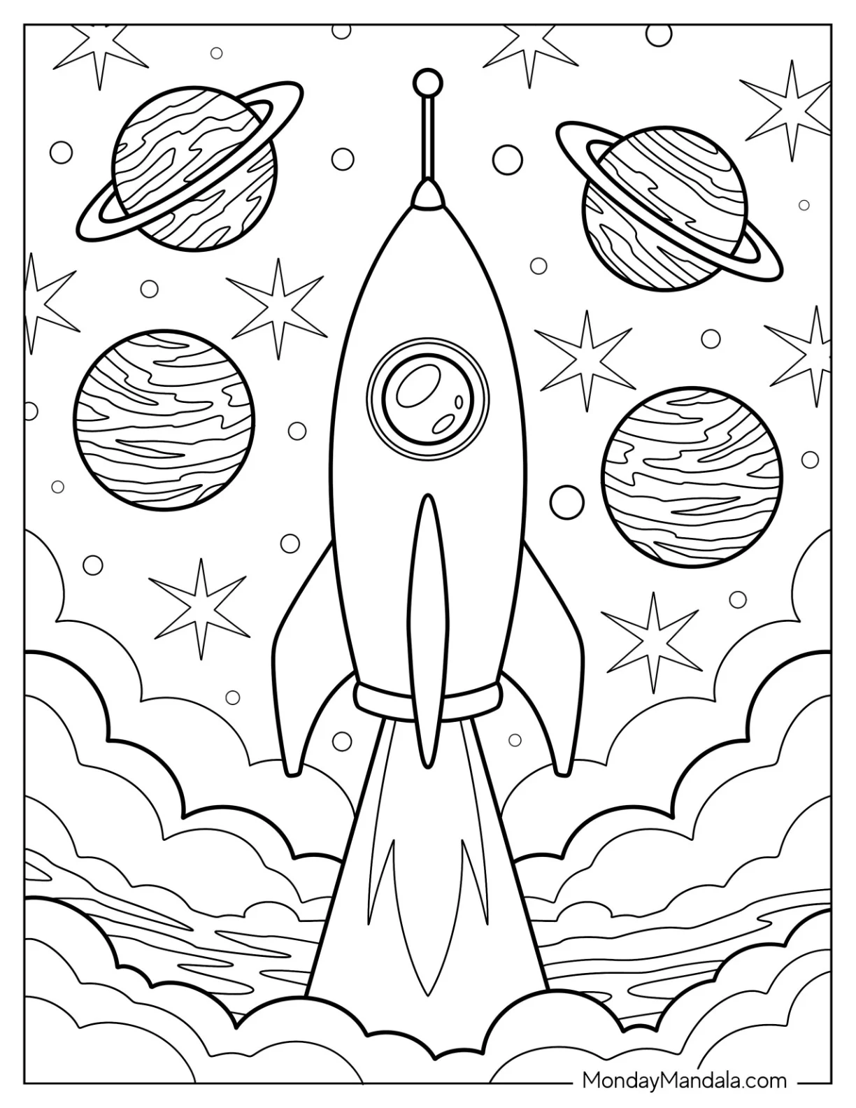 Rocket Coloring Page Blasting into Space with Four Planets coloring page