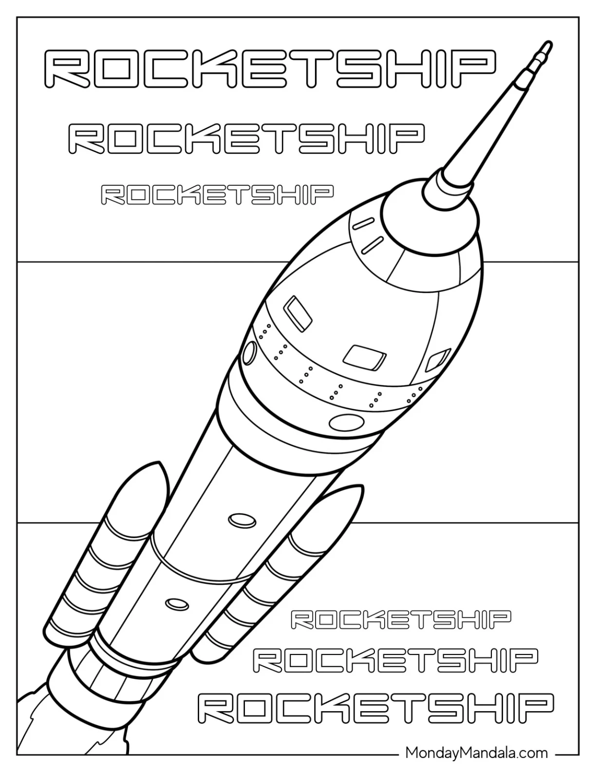 Rocket Coloring Page with a Nose Cone and Texts coloring page — printable line art
