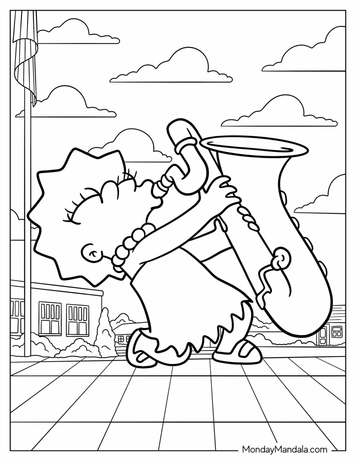 Simpsons Coloring Pages Of Adorable Lisa Simpson Playing The Trumpet For Kids coloring page