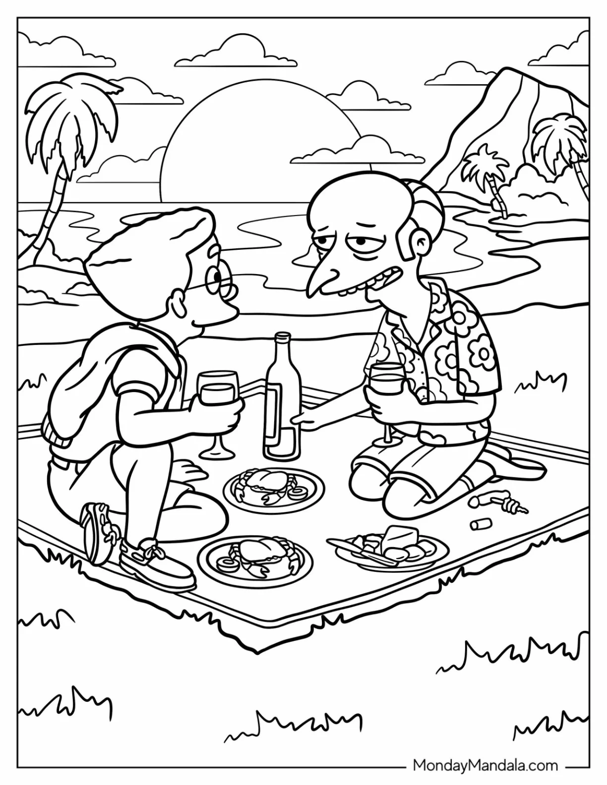 Simpsons Coloring Pages Of Mr Burns And Mr Smithers Having A Romantic Picnic coloring page