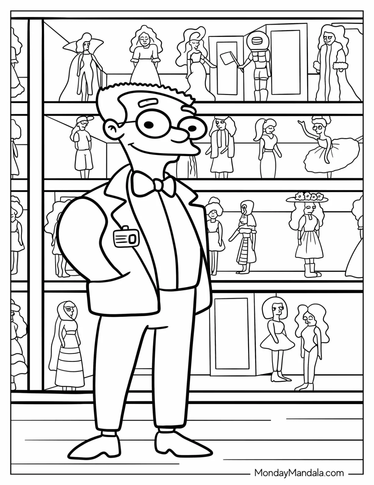 Simpsons Coloring Pages Of Mr Smithers In Front Of His Doll Collection coloring page