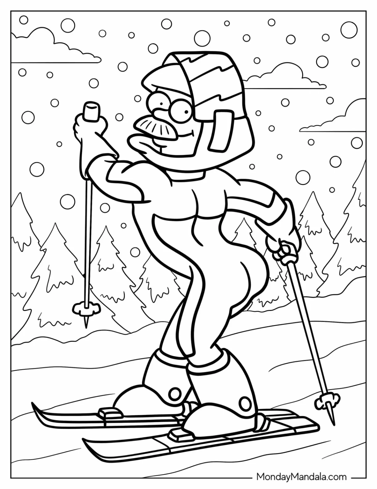 Simpsons Coloring Pages Of  Skiing Flanders In A Funny Pose coloring page — printable line art