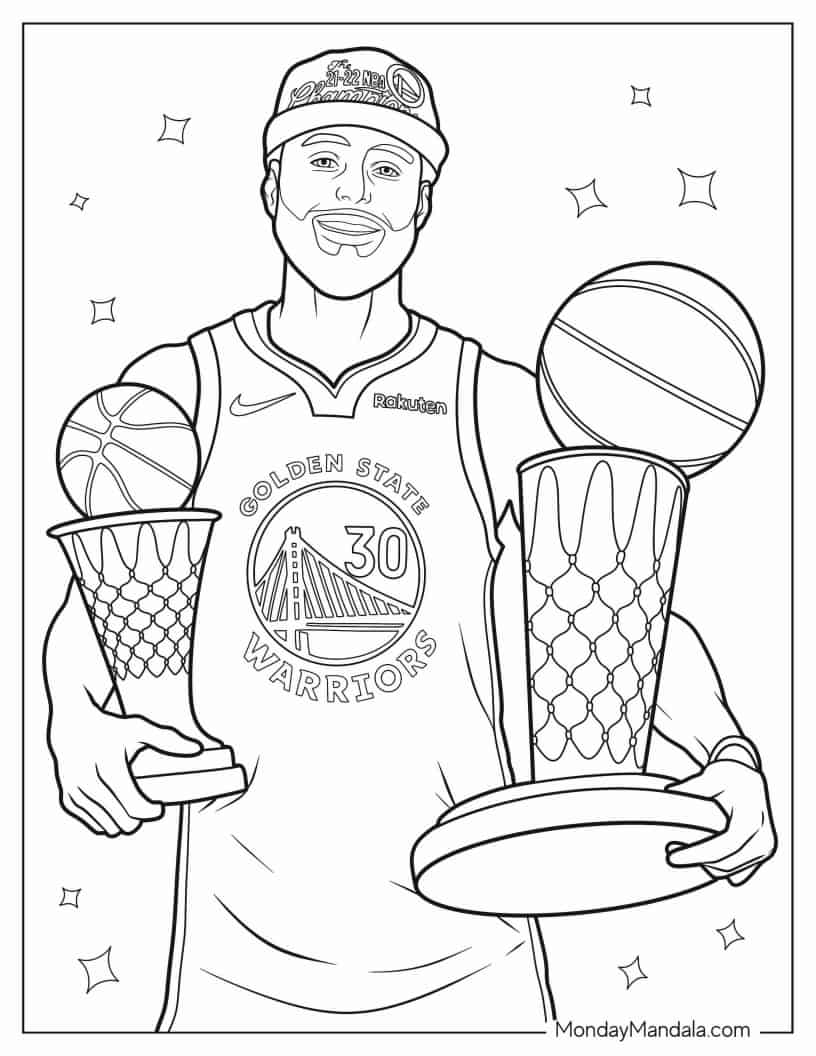 Coloring Page Of Steph Curry Holding Trophies coloring page